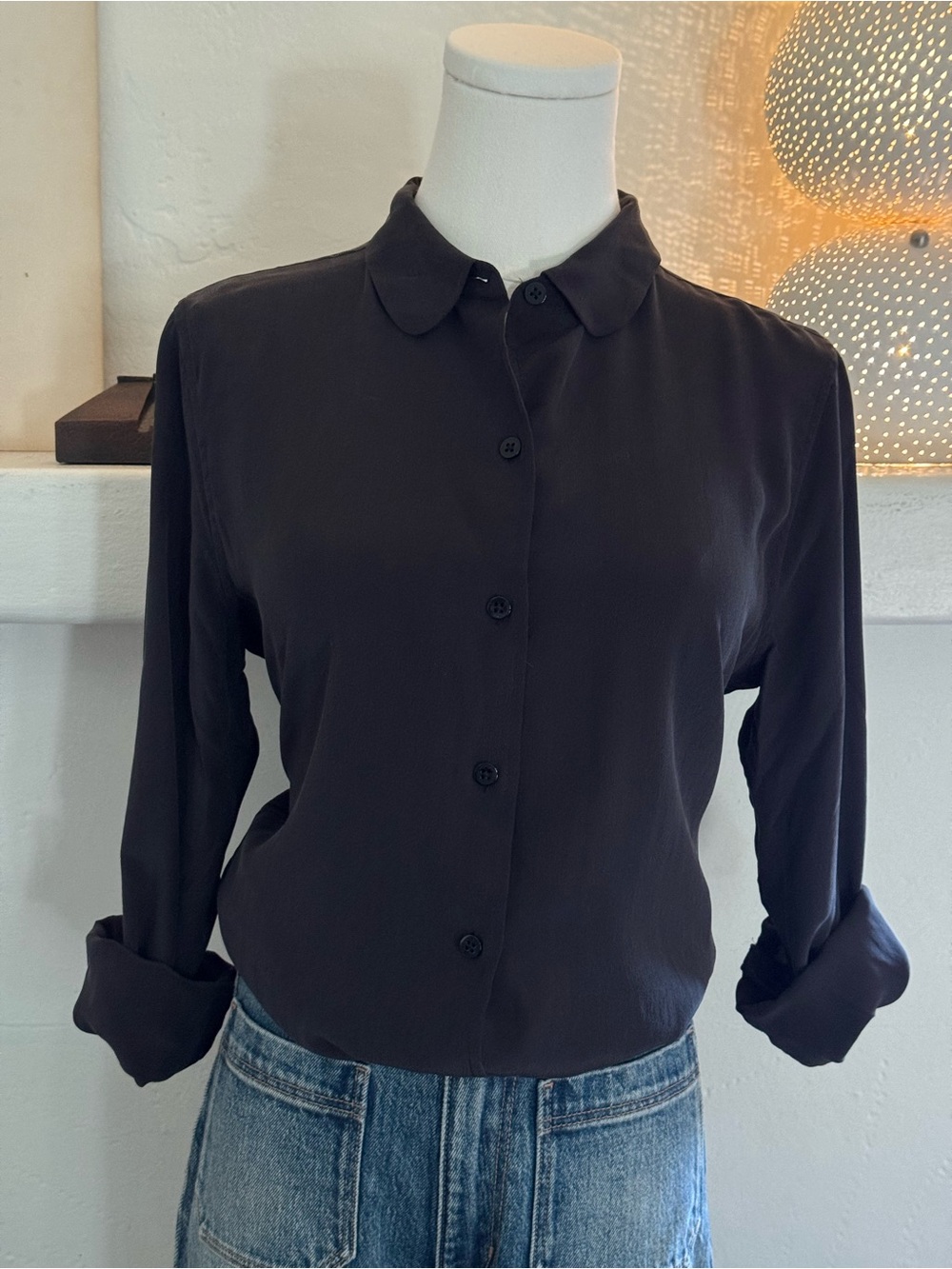 Everlane Black Silk Rounded Collar Button Down Blouse Small Minimalist